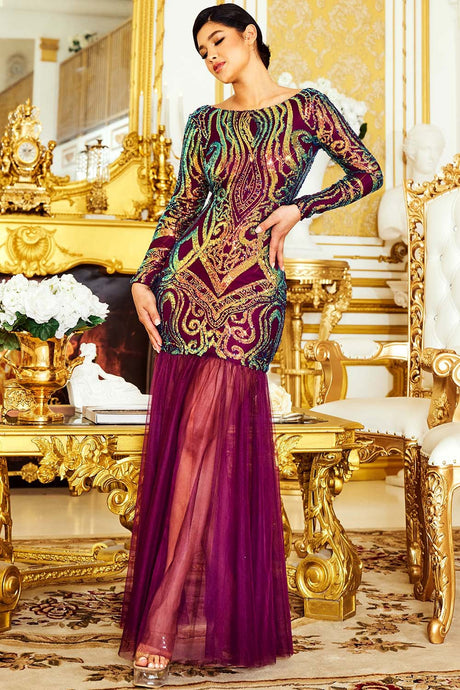Plum Sequin Broque Pattern Mesh Mermaid Maxi Dress
