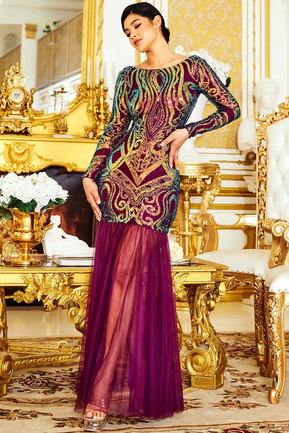 Plum Sequin Broque Pattern Mesh Mermaid Maxi Dress
