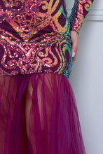 Plum Sequin Broque Pattern Mesh Mermaid Maxi Dress