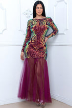 Plum Sequin Broque Pattern Mesh Mermaid Maxi Dress