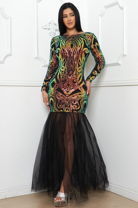Black Sequin Broque Pattern Mesh Mermaid Maxi Dress