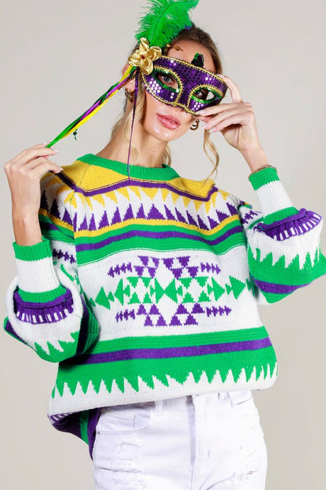 Off White Multi Contrast Color Detail Mardigras Sweater Top