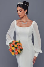 Off White Square Neck Chiffon Long Sleeve Wedding Gown