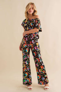 Black Multi Sequin Flower Boots Cut Long Pants