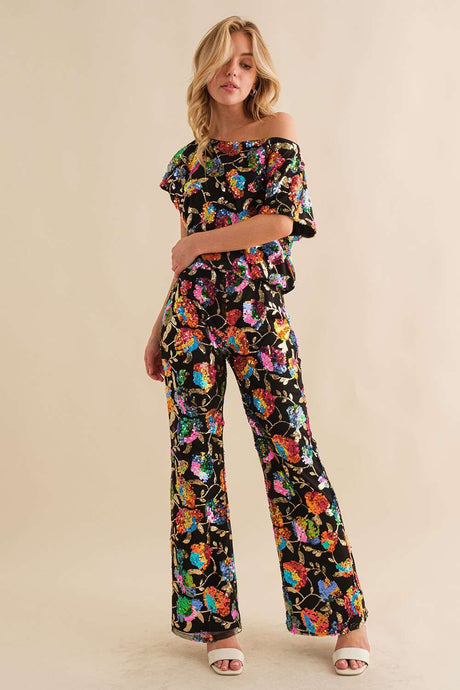 Black Multi Sequin Flower Boots Cut Long Pants