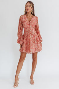 Pink Long Sleeve V Neck Chiffon Mid Dress