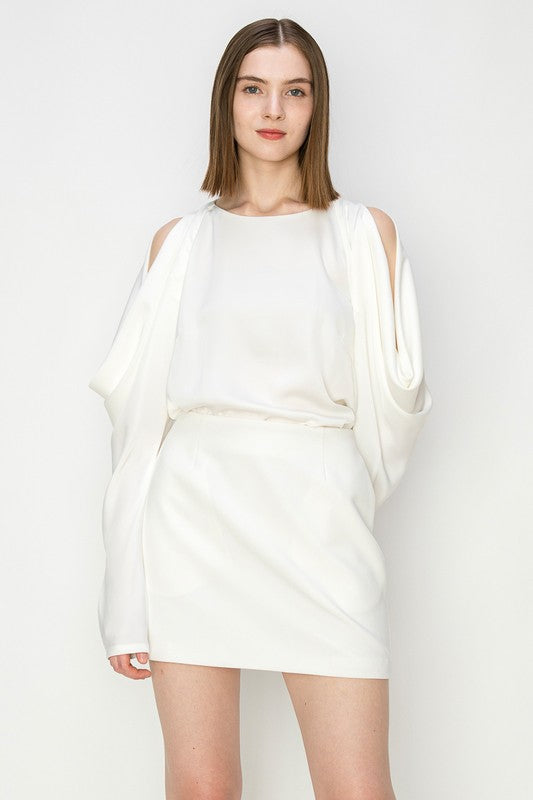 off white bell sleeve cold shoulder tunic dress Off White Draped Cold Shoulder Long Sleeves Blouse Top – Aquarius Brand