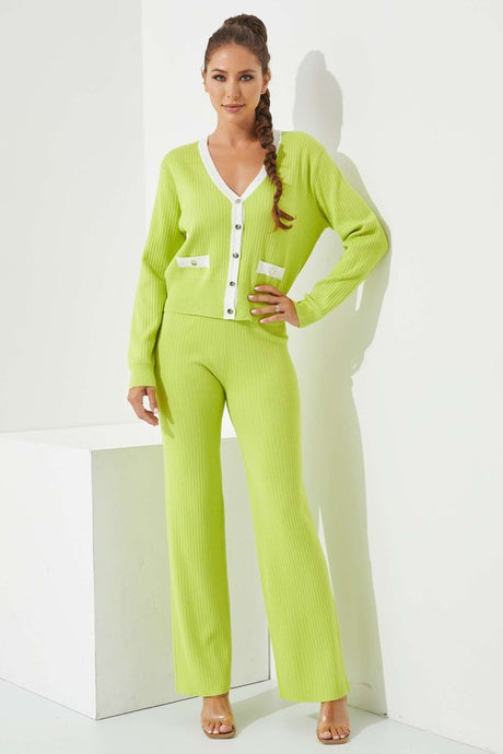 Citron Knit Colorblock Cardigan And Pants Set