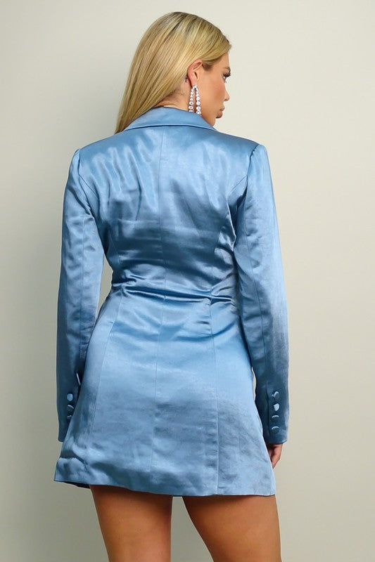 blue satin blazer dress Women's Buttoned Satin Lapel Blazer Dress