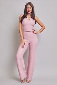 Blush Pink Knit Sleeveless Collar Top And Pants Set