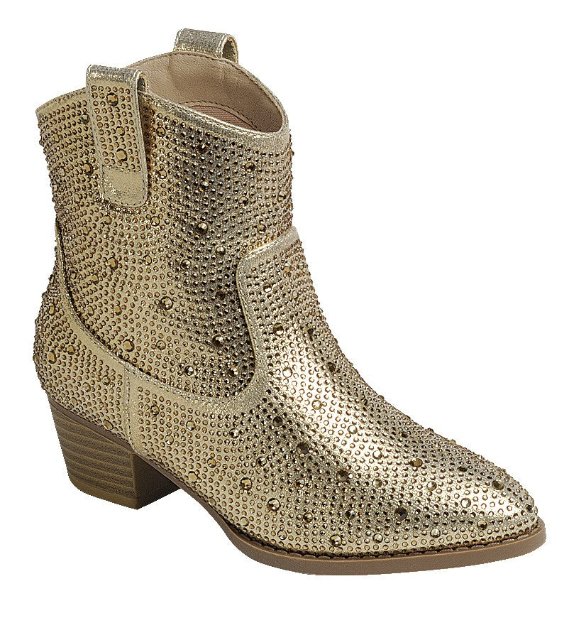 Gold Kids Boots Stacked Heel Cowboy Bootie With Sparkle Through Ou