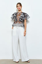 Black Sheer Floral Stripe Print Ruffle Blouse