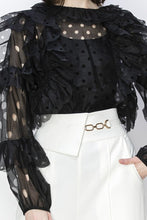 Black Ruffleed Laser-cut Long Sleeves Blouse Top