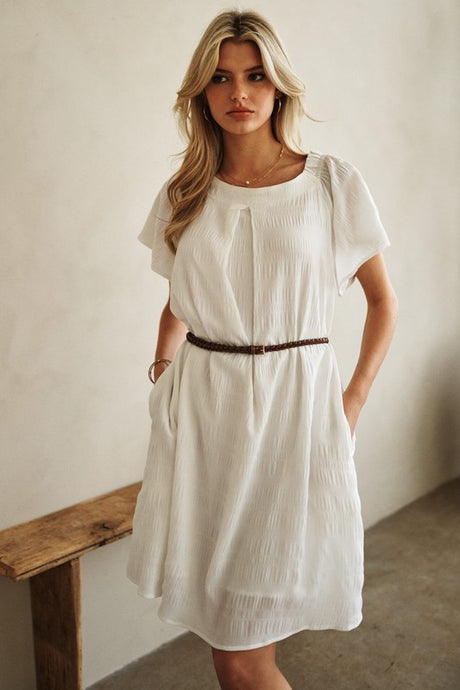 White Textured Off Shoulder Dress with Ruffle Edge