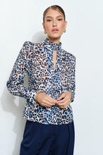 White/Blue Leopard High Neck Long Sleeve Blouse