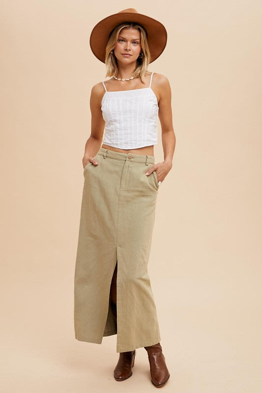 Dusty Olive Cotton Linen Split Seam Maxi Skirt