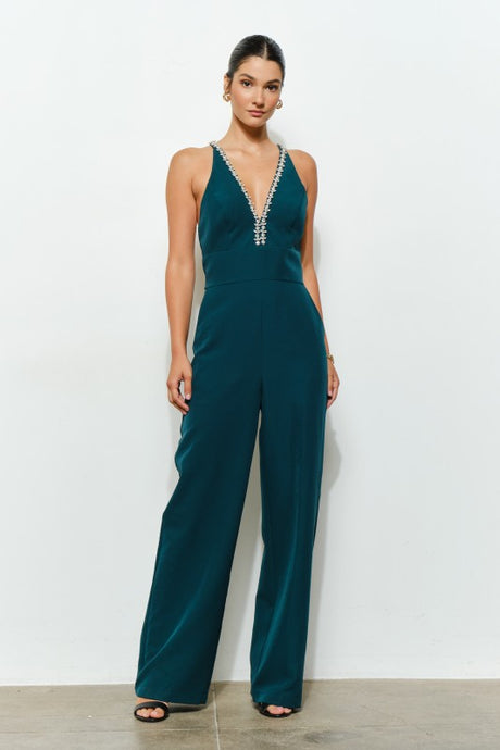 Emerald Crystal Trim Deep V Cross Back Jumpsuit