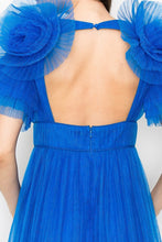 Royal Blue Tulle Pleated Floral Short Sleeve Midi Dress