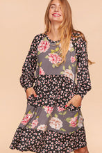 Black/Grey/Mauve Floral Clock Block Tiered Midi Dress