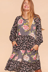 Black/Grey/Mauve Floral Clock Block Tiered Midi Dress