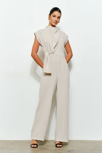 Cream High Neck Draped Waist Cap Sleeve Jumpsuit