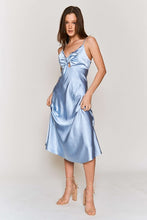 Sky Blue Satin Tie Bust Spaghetti Strap Midi Dress