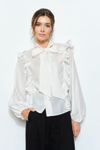 Ivory Soft Wool Blouse With Bow Tie & Pearl Buttons