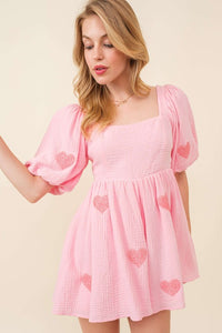 Pink Heart Patch Gauze Valentine Romper