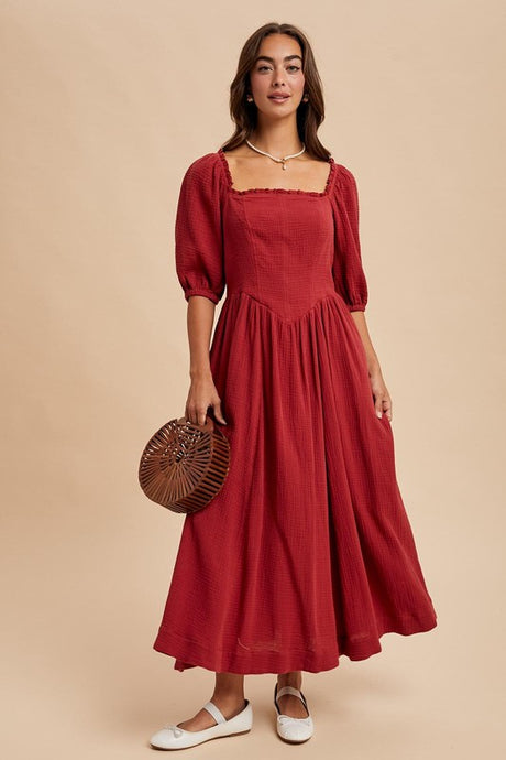 Cranberry Cotton Square Neck Maxi Dress