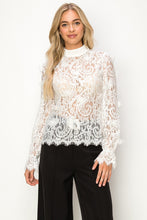 White Long Sleeve Mock Neck Butterfly Lace Blouse