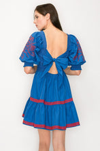 Blue/Wine Square Neck Smocked Embroidered Puff Sleeve Mini Dress