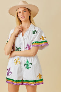 White Mardi Gras Sequin Trim Solid Romper