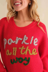 Red Sparkle All The Way Sparkle Letter Crop Sweater