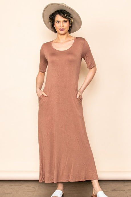 Mocha Scoop Neck Half Sleeve Knit Maxi Dress