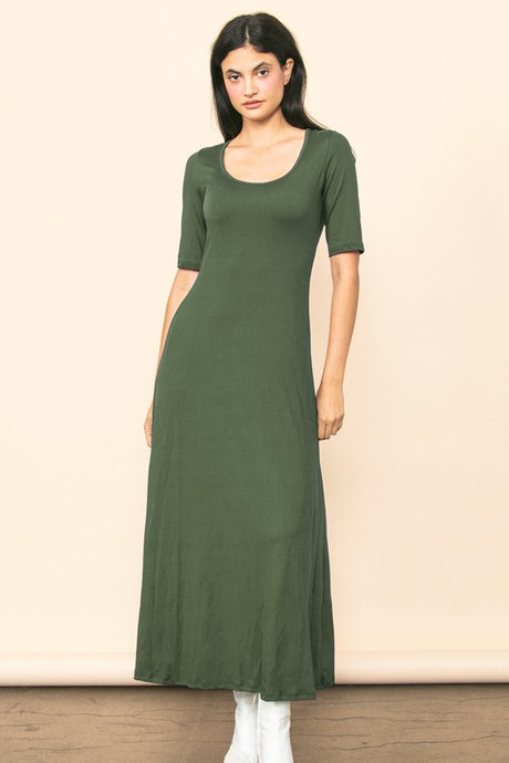 Dusty Olive Scoop Neck Half Sleeve Knit Maxi Dress