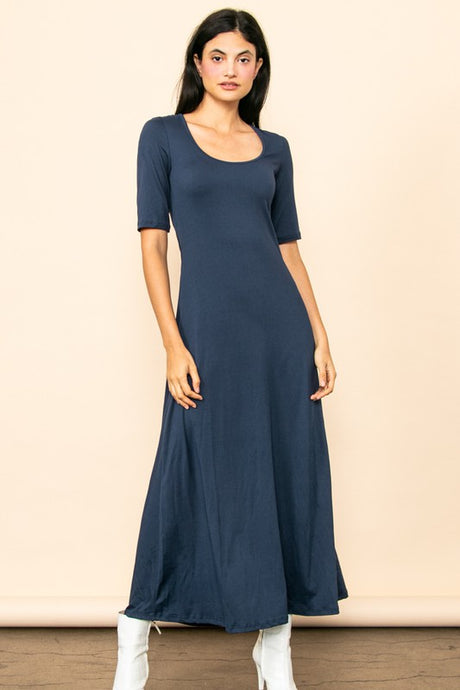 Blue Grey Scoop Neck Half Sleeve Knit Maxi Dress