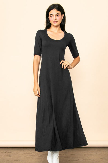 Black Scoop Neck Half Sleeve Knit Maxi Dress