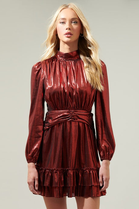 Wine Admired Liquid Satin Shirred Ruffle Dress