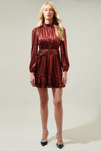 Wine Admired Liquid Satin Shirred Ruffle Dress