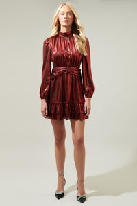 Wine Admired Liquid Satin Shirred Ruffle Dress