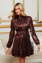 Wine Admired Liquid Satin Shirred Ruffle Dress