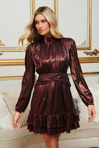 Wine Admired Liquid Satin Shirred Ruffle Dress