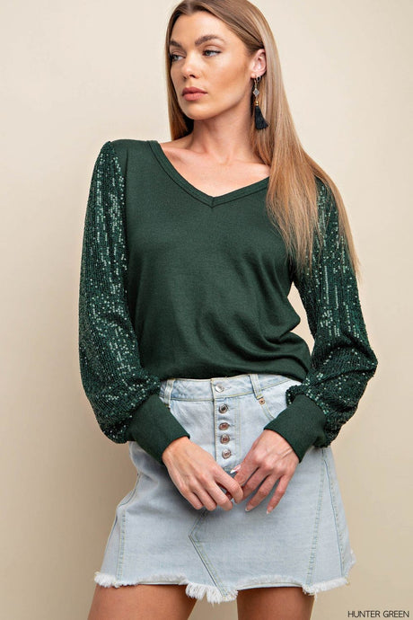 Hunter Green V Neck Long Sleeves Top