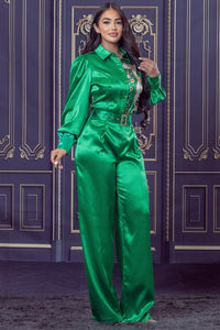 Apple Green Chain and Floral Satin Top and Pants Set