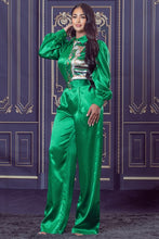 Apple Green Chain and Floral Satin Top and Pants Set