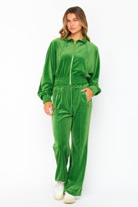 Gc Green Velour Funnel Neck Jacket Zip Up Pants Set