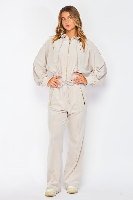 Pearl Velour Funnel Neck Jacket Zip Up Pants Set