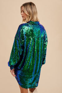 Emerald Long Sleeve Sequin Shirt Dress Button Down