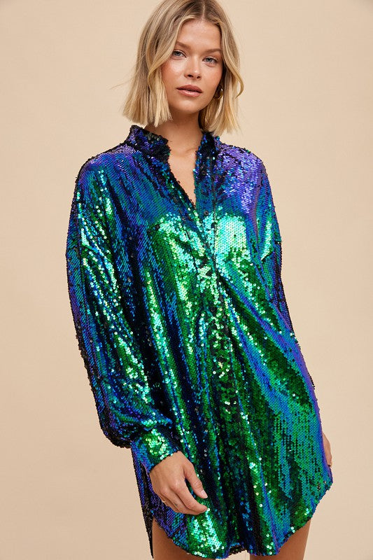 Emerald Long Sleeve Sequin Shirt Dress Button Down