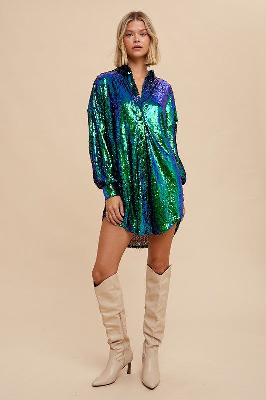 Emerald Long Sleeve Sequin Shirt Dress Button Down – Aquarius Brand